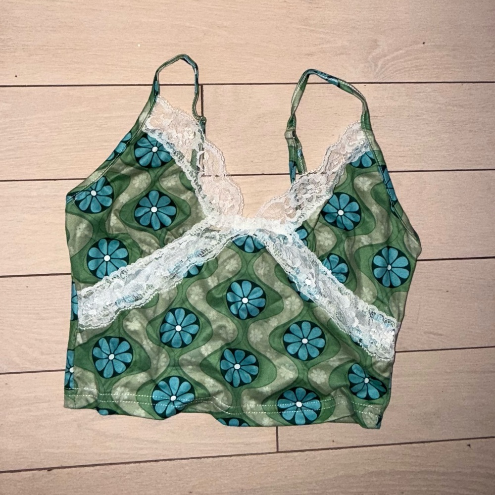 Green Floral Lace Trim Cami Top